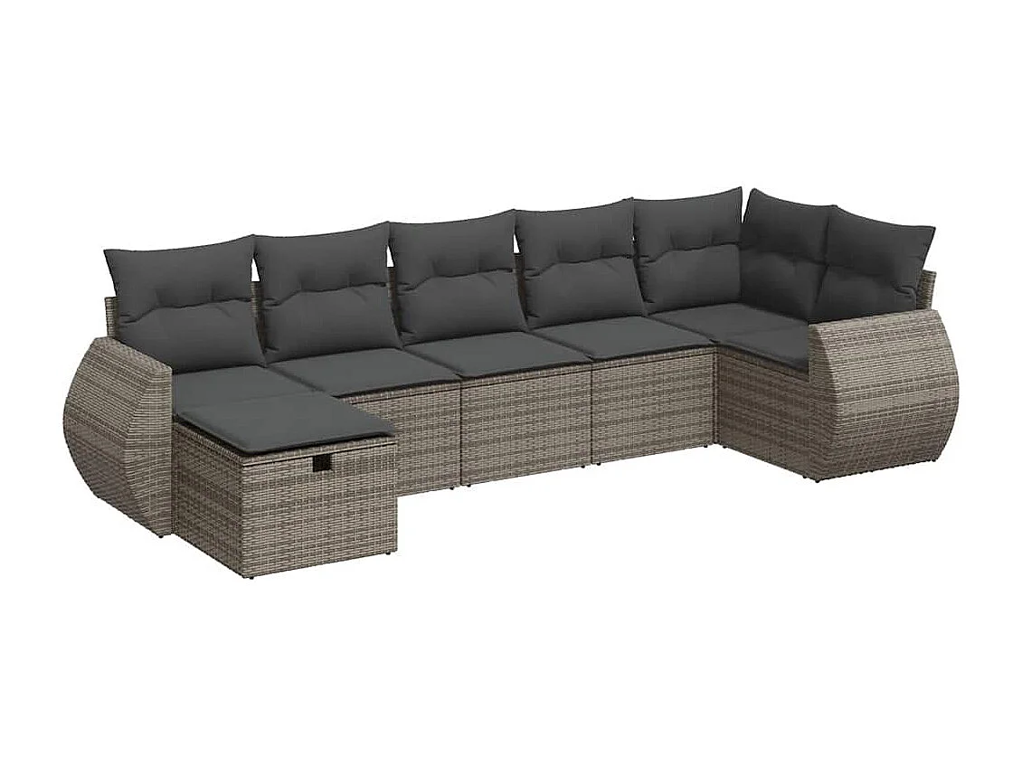 7 pcs conjunto sofás p/ jardim c/ almofadões vime PE cinzento