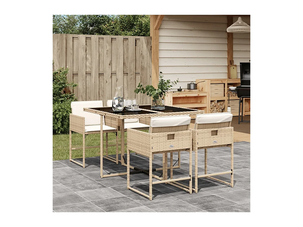 Ensemble à manger de jardin avec coussins 5pcs Beige poly rotin