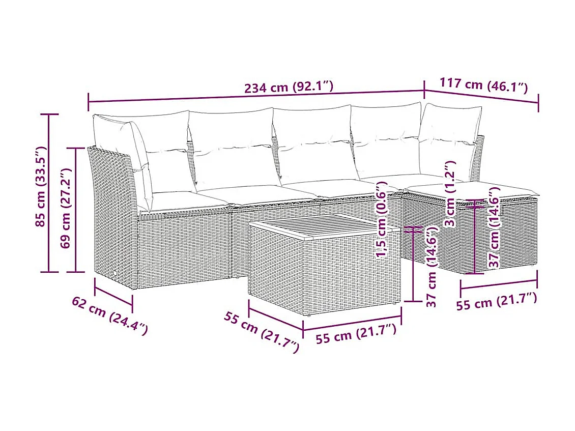 Salon de jardin 6 pcs avec coussins noir résine tressée