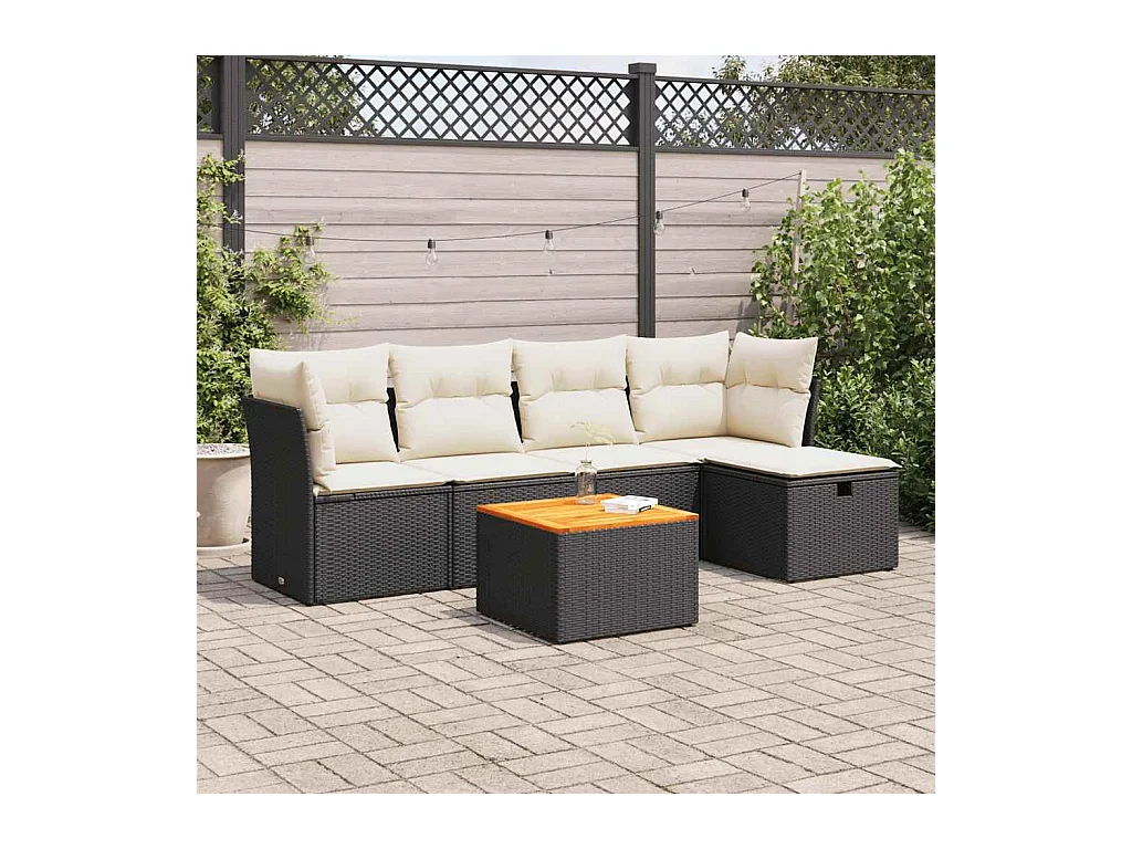 Salon de jardin 6 pcs avec coussins noir résine tressée