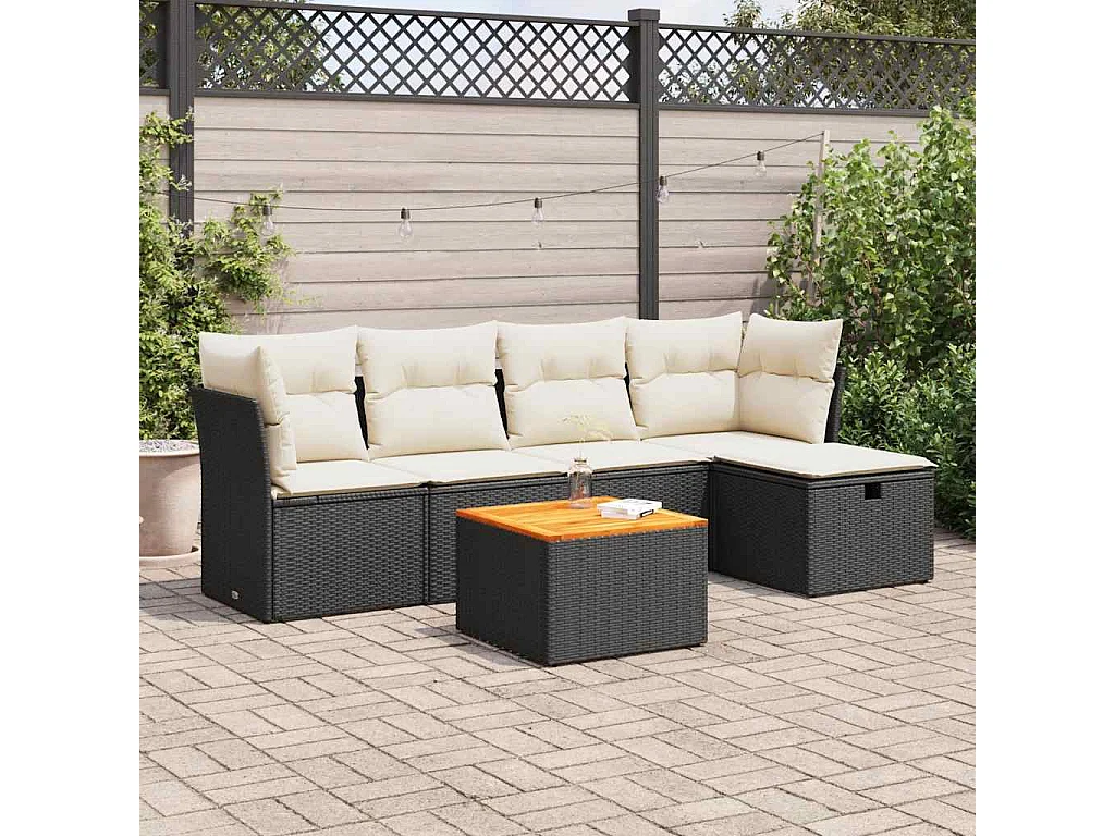 Salon de jardin 6 pcs avec coussins noir résine tressée
