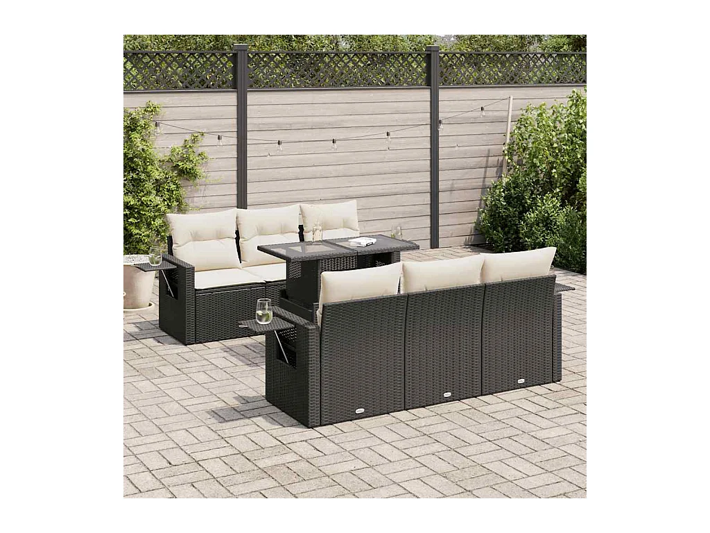 Salon de jardin 7 pcs avec coussins noir résine tressée