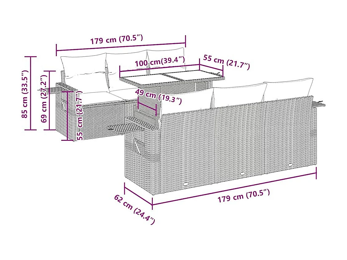 Salon de jardin 7 pcs avec coussins noir résine tressée