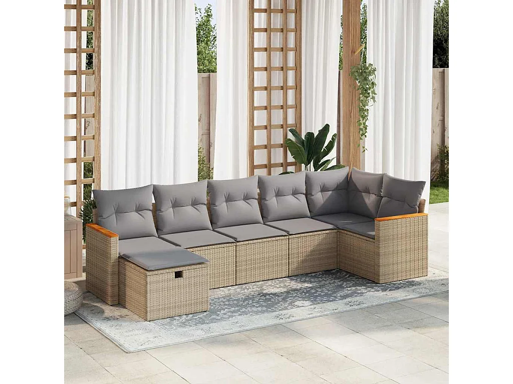 Set Divani da Giardino 7 pz con Cuscini Beige in Polyrattan