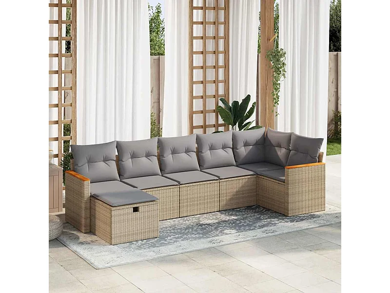 Set Divani da Giardino 7 pz con Cuscini Beige in Polyrattan