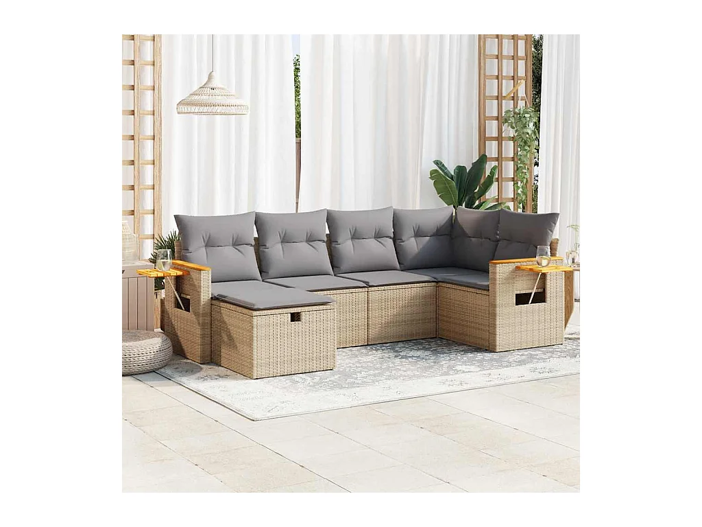 6-delige Loungeset met kussens poly rattan beige