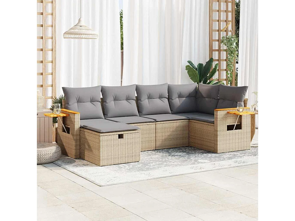 6 pcs conjunto de sofás p/ jardim com almofadões vime PE bege