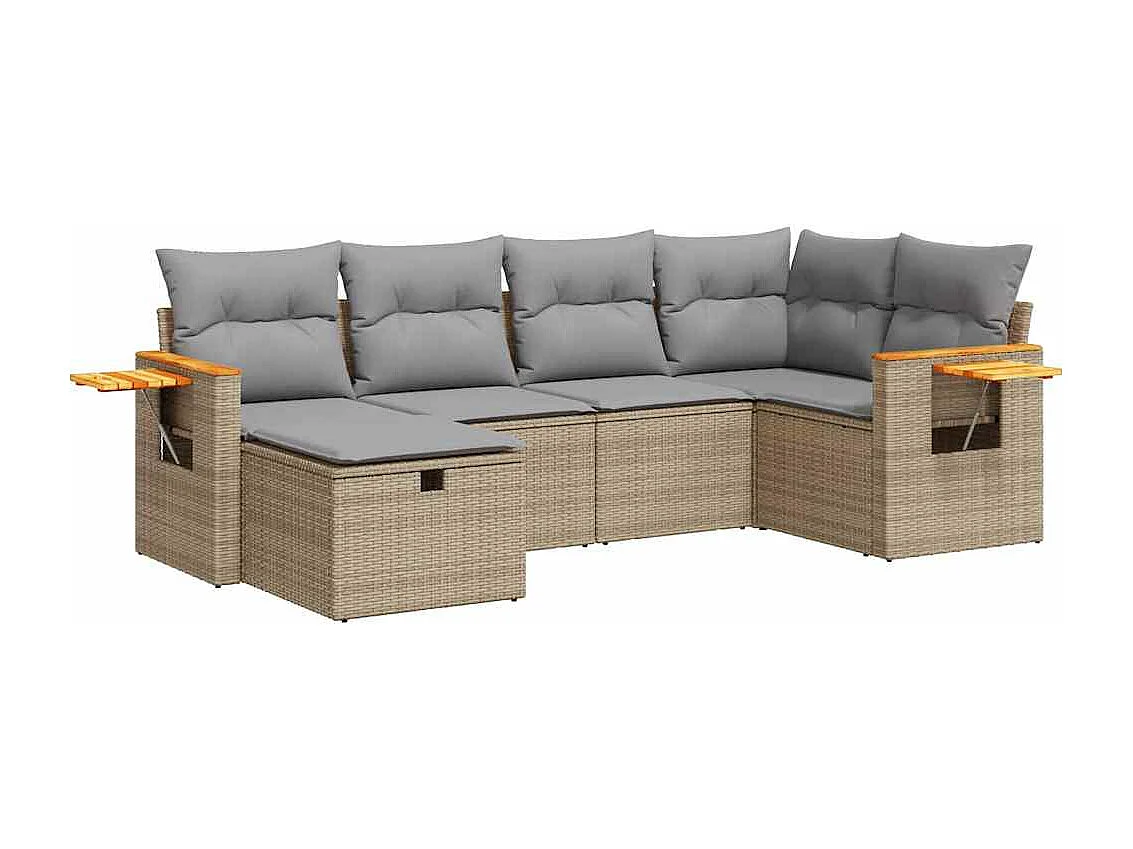 6 pcs conjunto de sofás p/ jardim com almofadões vime PE bege