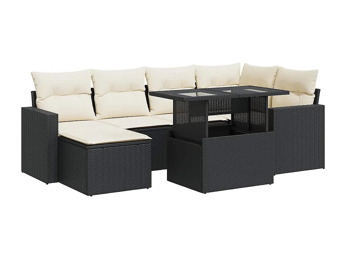 7-tlg. Garten-Sofagarnitur mit Kissen Schwarz Poly Rattan