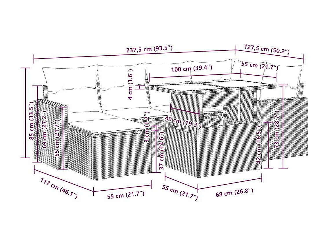 Set Divani da Giardino con Cuscini 7pz Nero Polyrattan