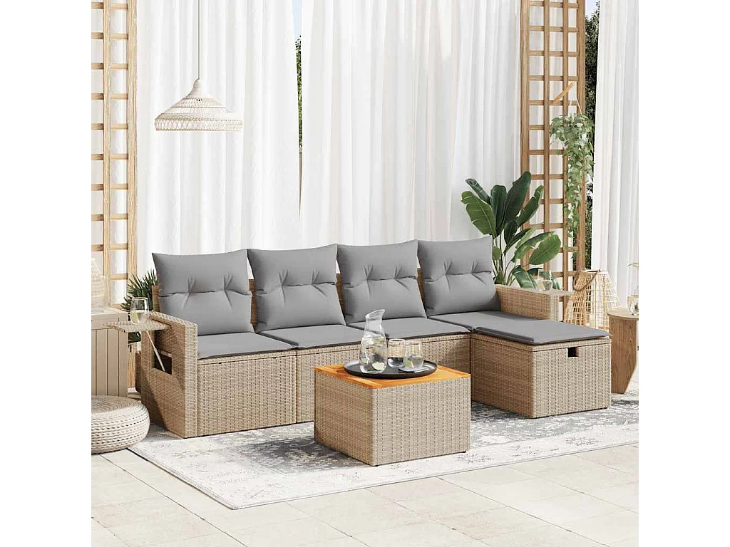 Salon de jardin avec coussins 6 pcs beige résine tressée