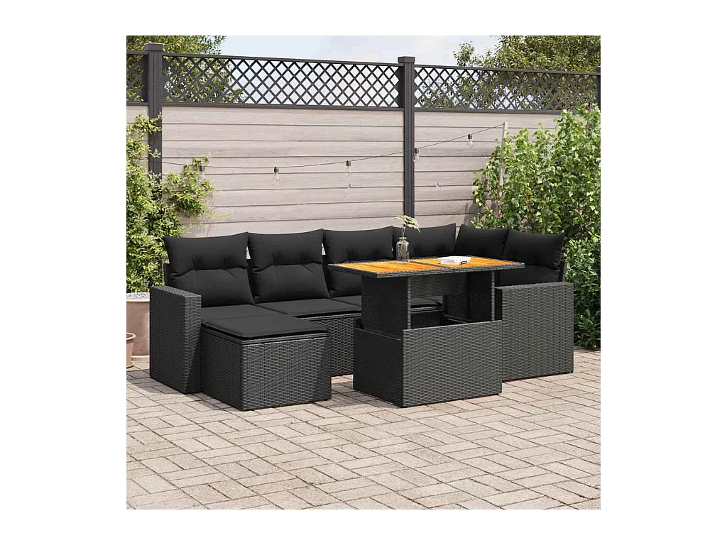 Salon de jardin 7 pcs avec coussins noir résine tressée
