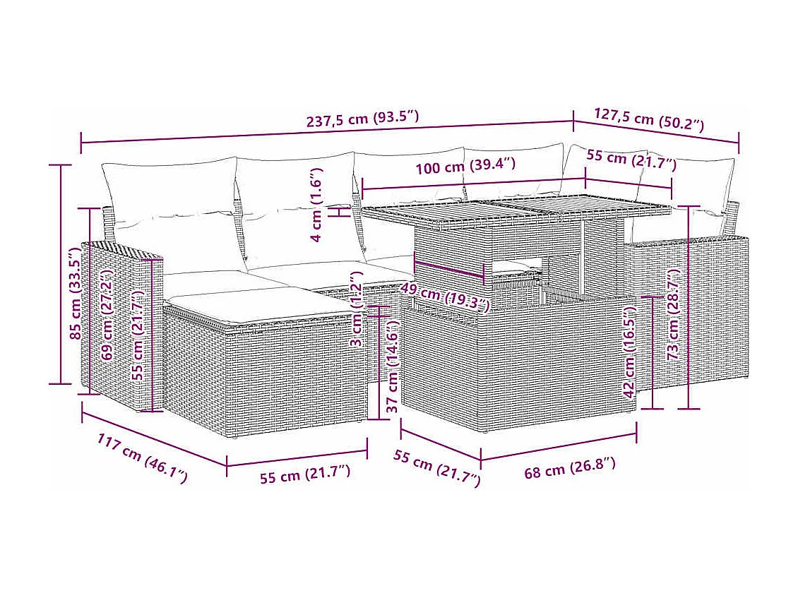7-tlg. Garten-Sofagarnitur mit Kissen Schwarz Poly Rattan