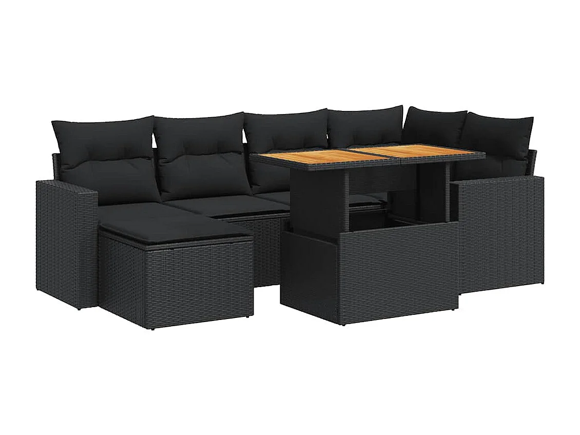 Salon de jardin 7 pcs avec coussins noir résine tressée