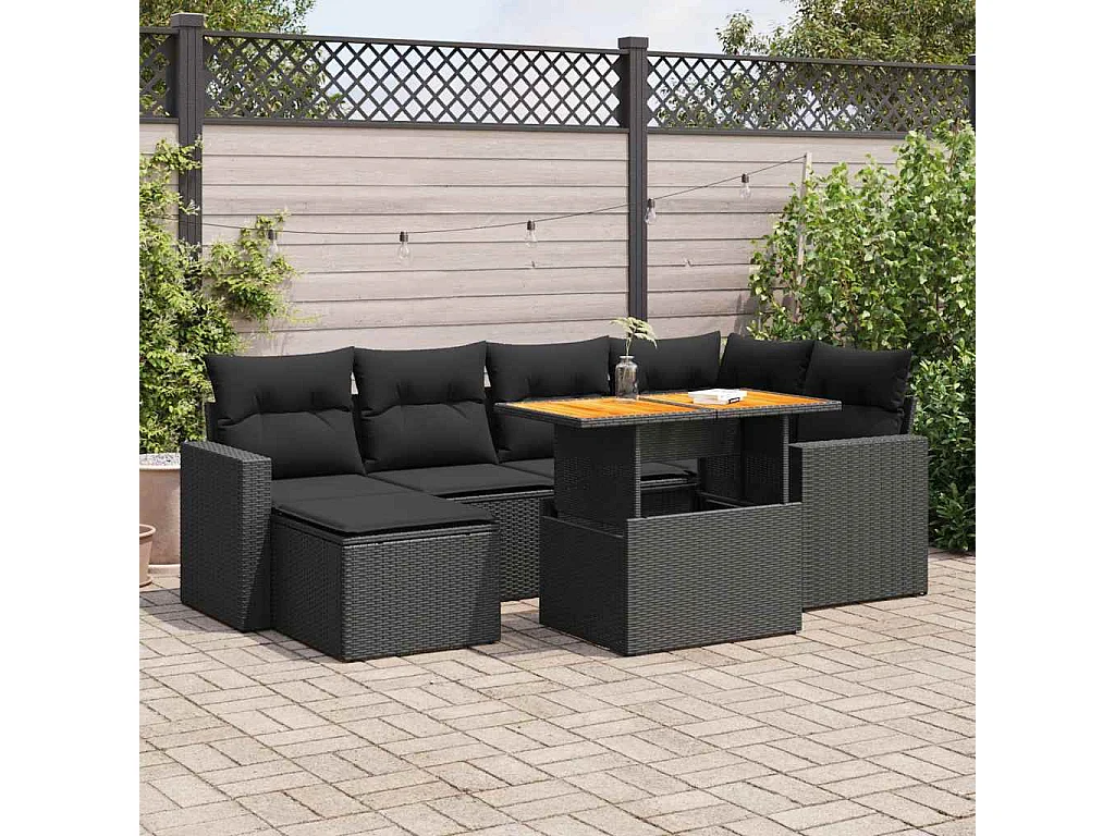 Salon de jardin 7 pcs avec coussins noir résine tressée
