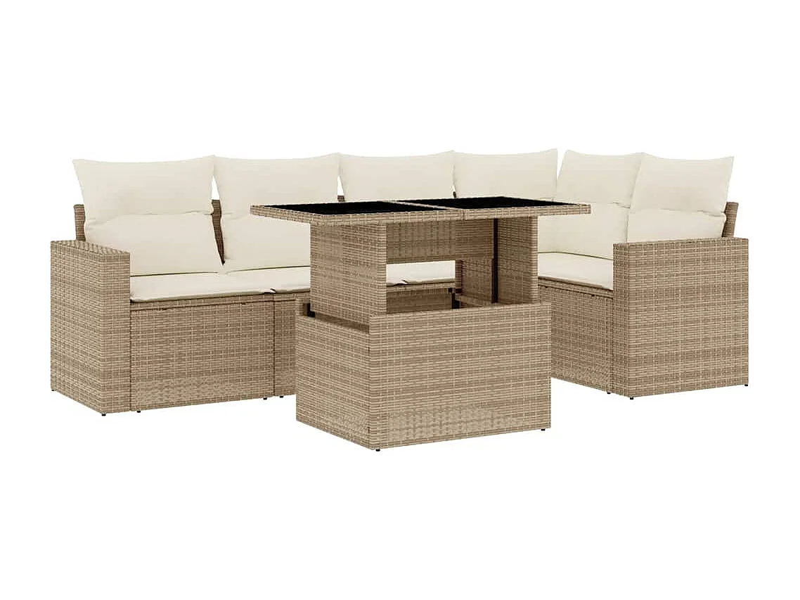 Salon de jardin avec coussins 6 pcs beige résine tressée
