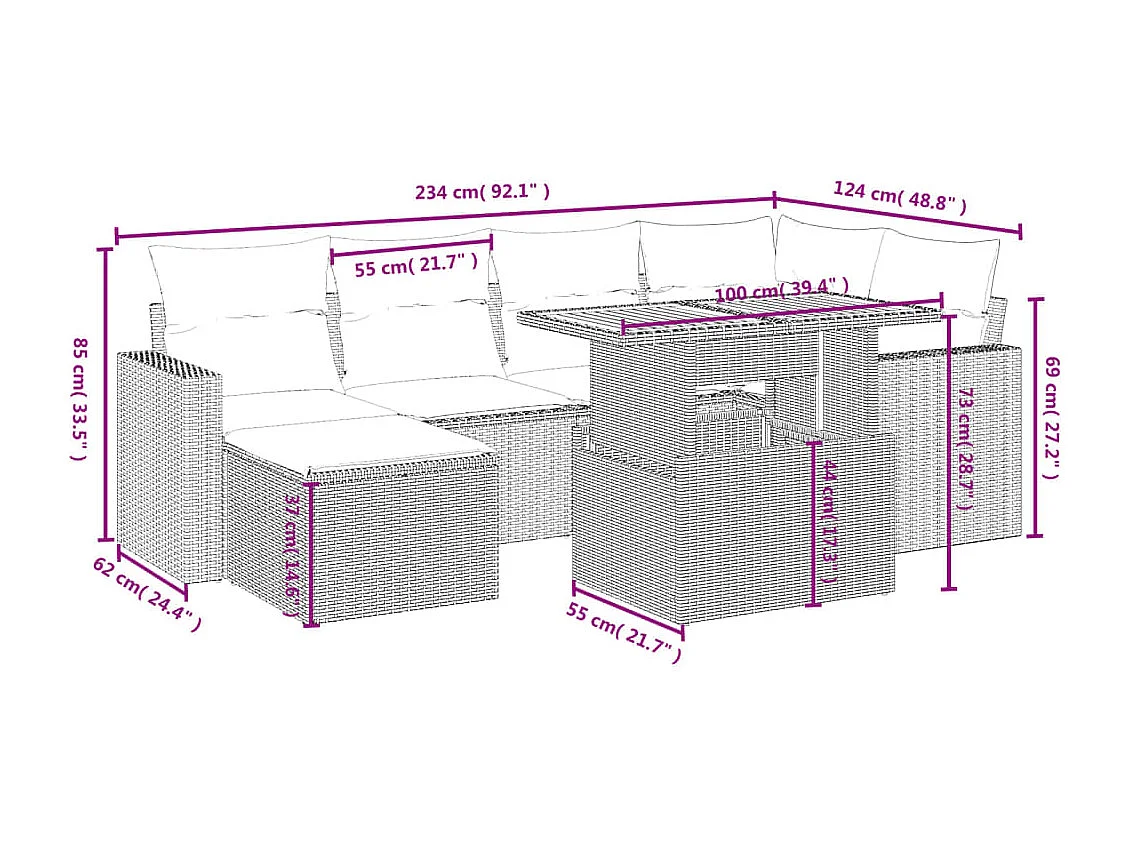 Salon de jardin avec coussins 7 pcs beige résine tressée
