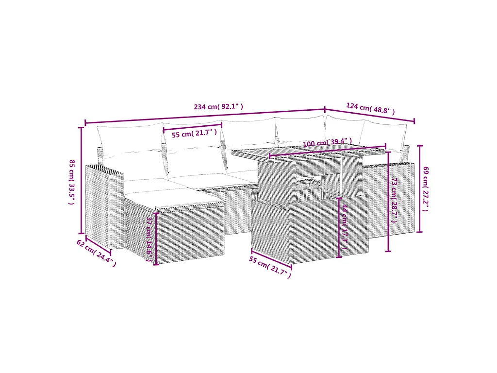 Set Divani da Giardino 7 pz con Cuscini Beige in Polyrattan