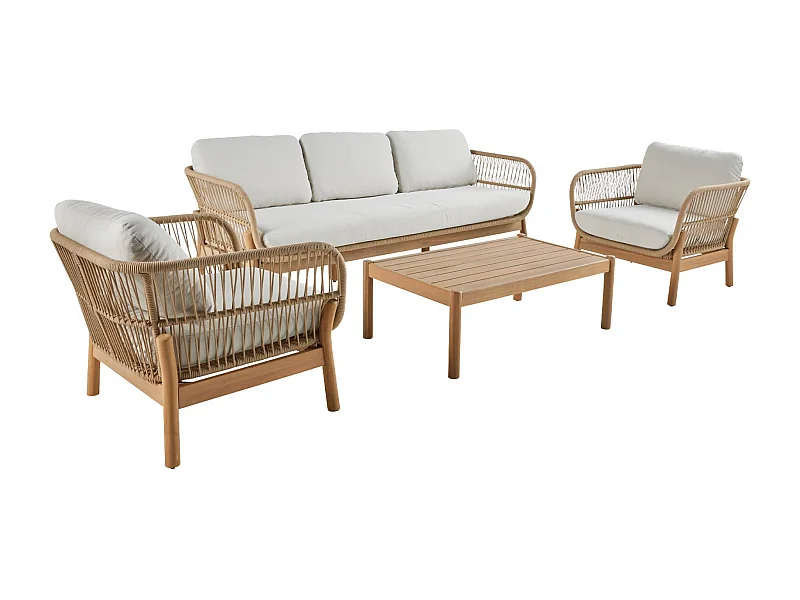 Conjunto de muebles de jardín en acacia con cuerda, 5 plazas beige
