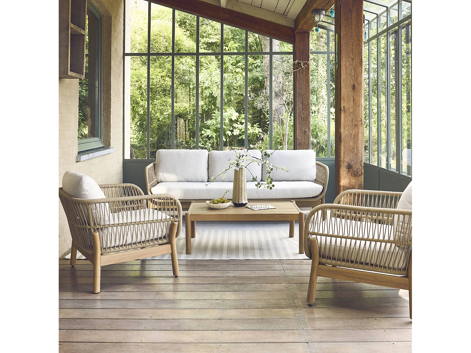 Set da giardino in acacia con corda, 5 posti, beige