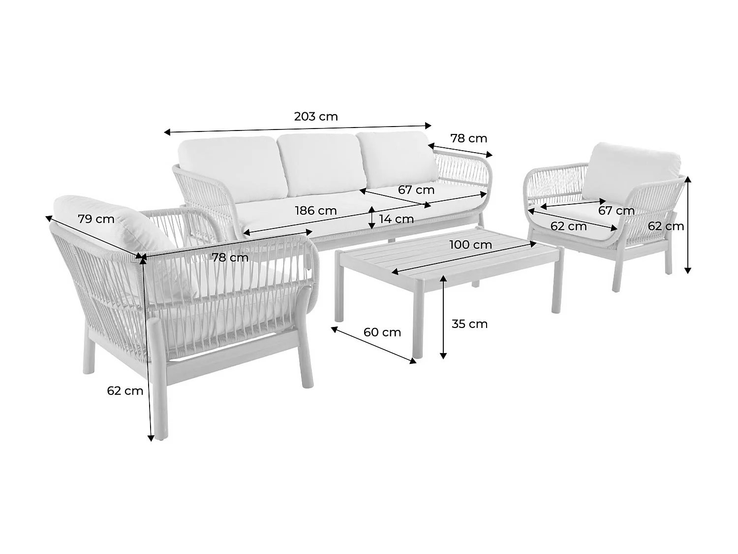 Set da giardino in acacia con corda, 5 posti, beige