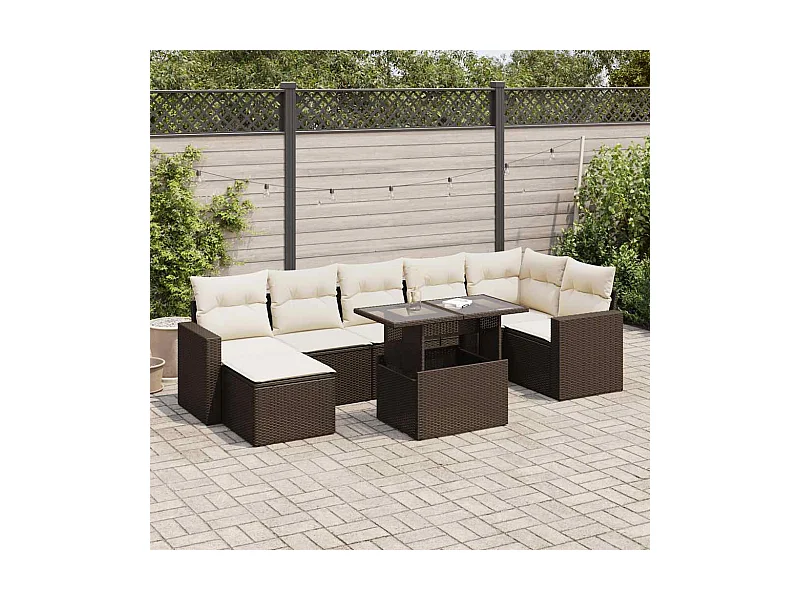 Salon de jardin 8 pcs avec coussins marron résine tressée