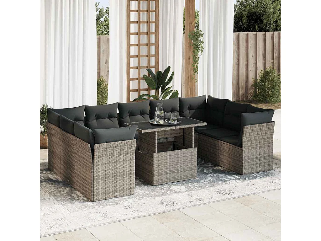 10-delige Loungeset met kussens poly rattan grijs