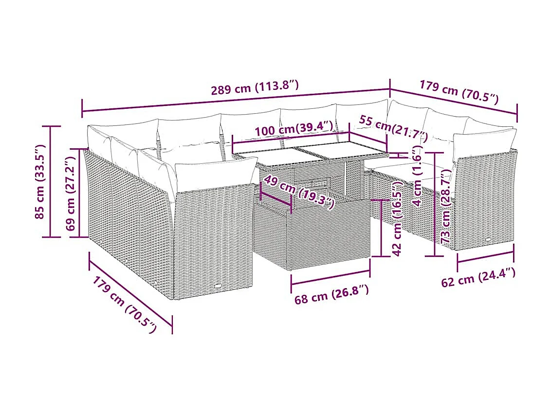 Salon de jardin avec coussins 10 pcs gris résine tressée