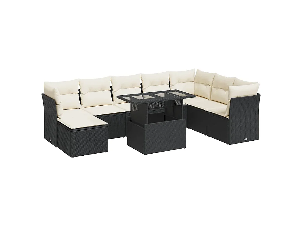 Salon de jardin 9 pcs avec coussins noir résine tressée