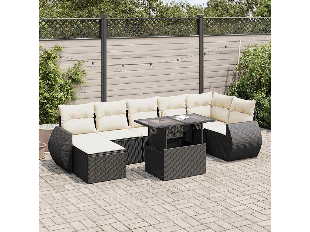 Salon de jardin 8 pcs avec coussins noir résine tressée