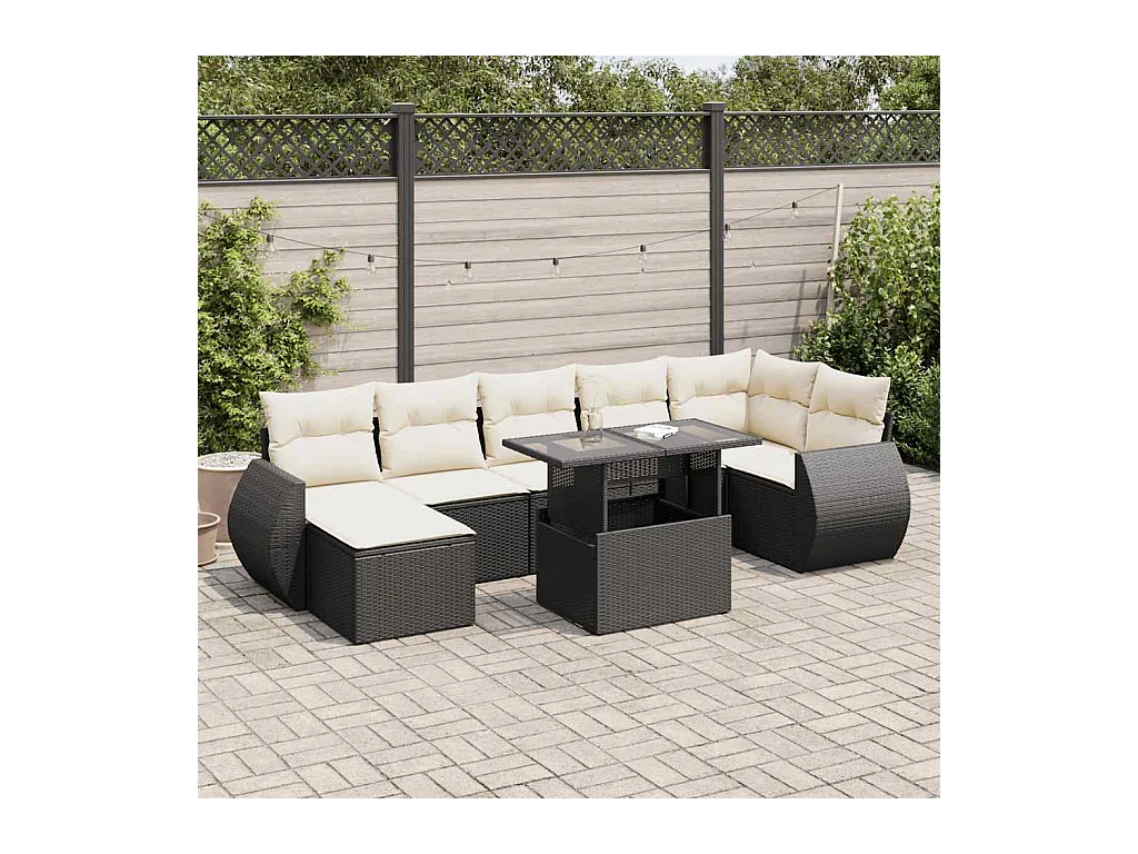 8-delige Loungeset met kussens poly rattan zwart
