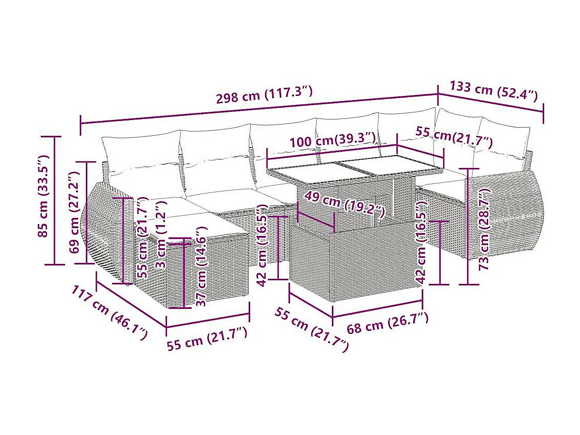 Salon de jardin 8 pcs avec coussins noir résine tressée