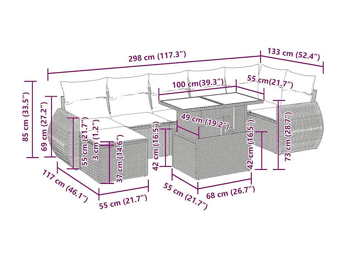 8 pcs conjunto sofás de jardim com almofadões vime PE preto
