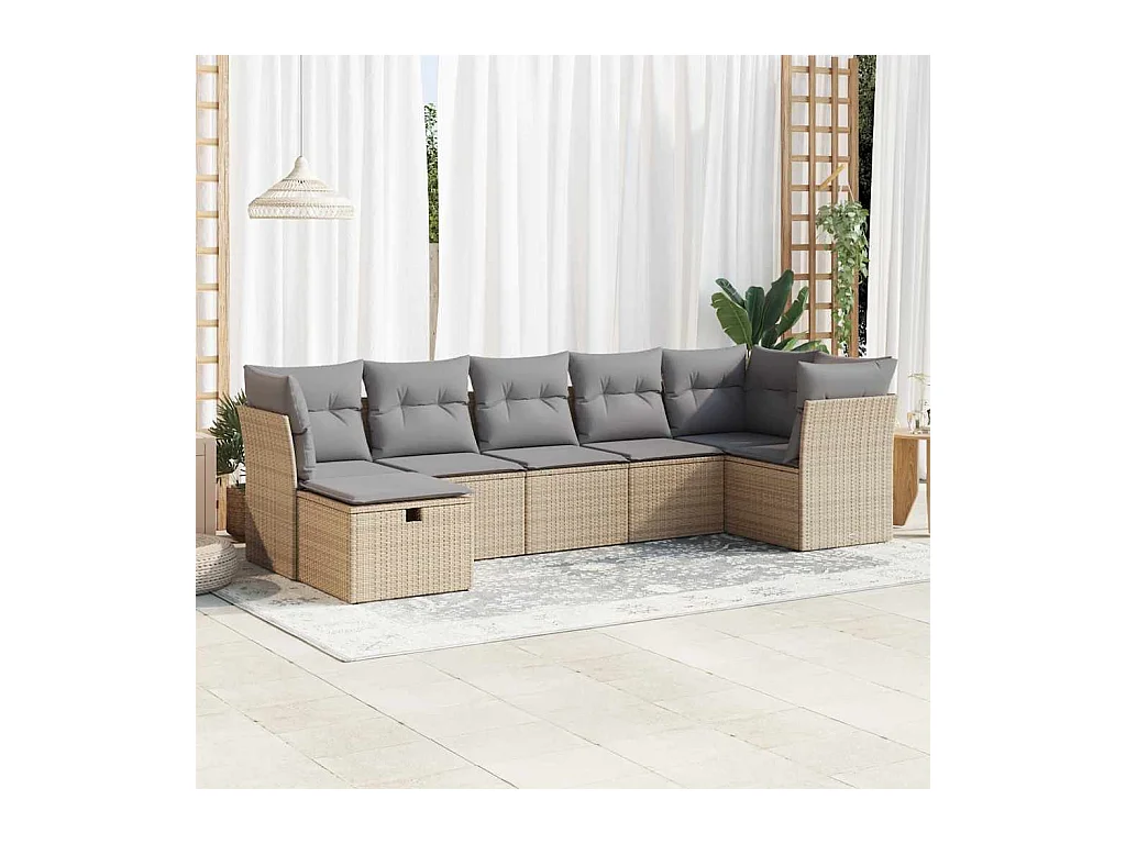 Salon de jardin avec coussins 7 pcs beige résine tressée