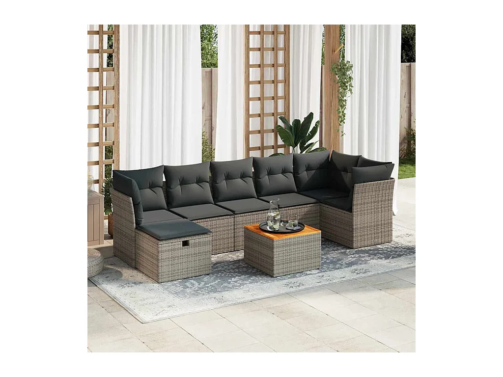8-tlg. Garten-Sofagarnitur mit Kissen Grau Poly Rattan