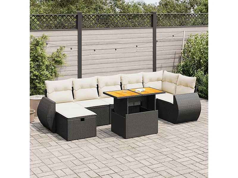 5tlg. Garten-Sofagarnitur mit Kissen Schwarz Poly Rattan Akazie
