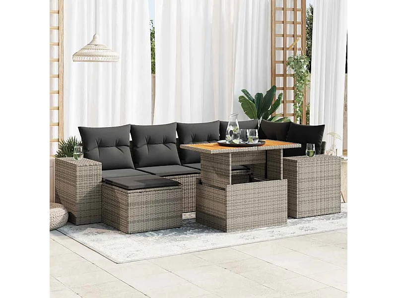 Salon de jardin avec coussins 7 pcs gris résine tressée