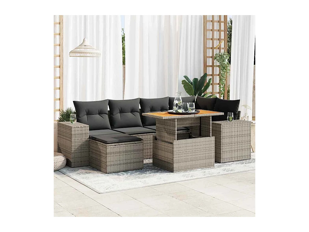 7-delige Loungeset met kussens poly rattan grijs