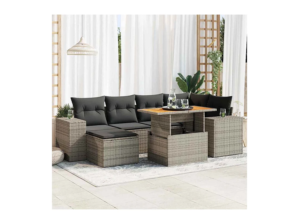 Salon de jardin avec coussins 7 pcs gris résine tressée
