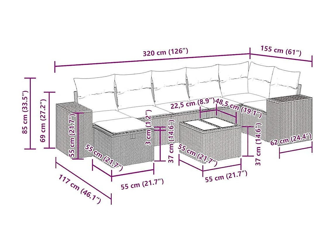 8 pcs conjunto sofás de jardim com almofadões vime PE preto