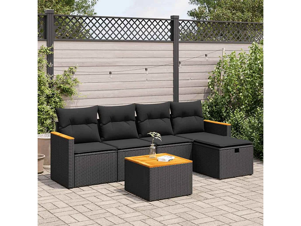 Set Divano da Giardino 6 pz con Cuscini Nero in Polyrattan