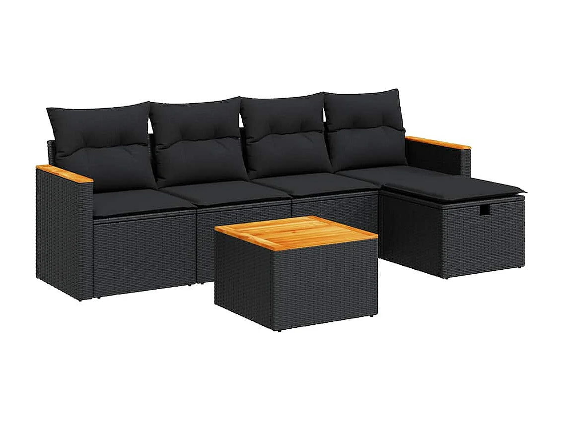 Set Divano da Giardino 6 pz con Cuscini Nero in Polyrattan