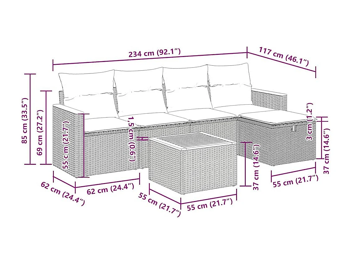 Set Divano da Giardino 6 pz con Cuscini Nero in Polyrattan