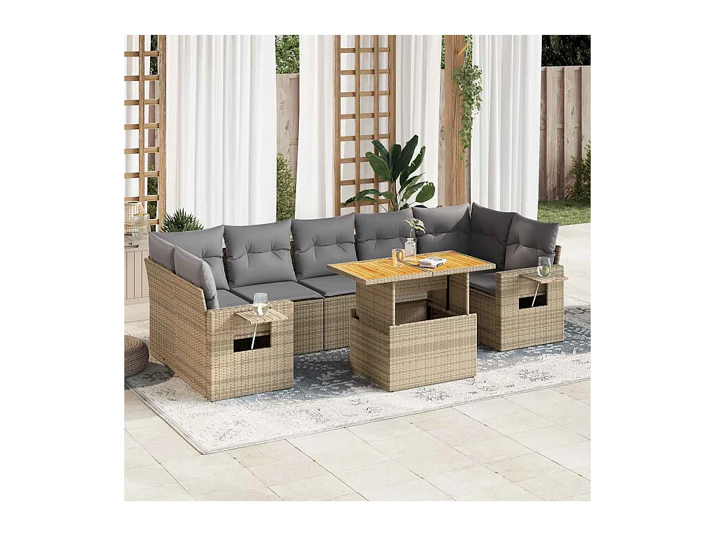 Salon de jardin avec coussins 8 pcs beige résine tressée