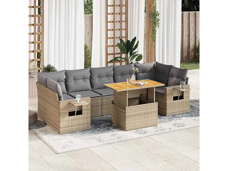 Salon de jardin avec coussins 8 pcs beige résine tressée