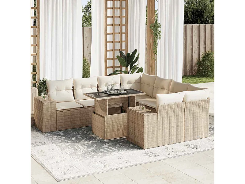 Set de sofás de jardín con cojines 9 pzas ratán sintético beige