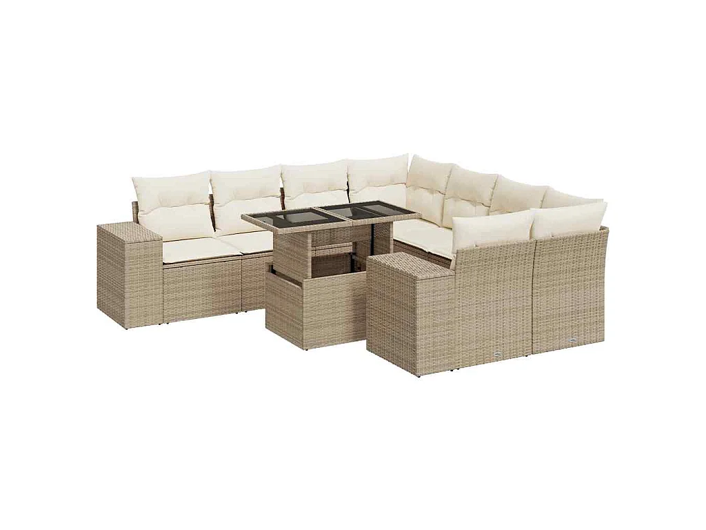 9-tlg. Garten-Sofagarnitur mit Kissen Beige Poly Rattan