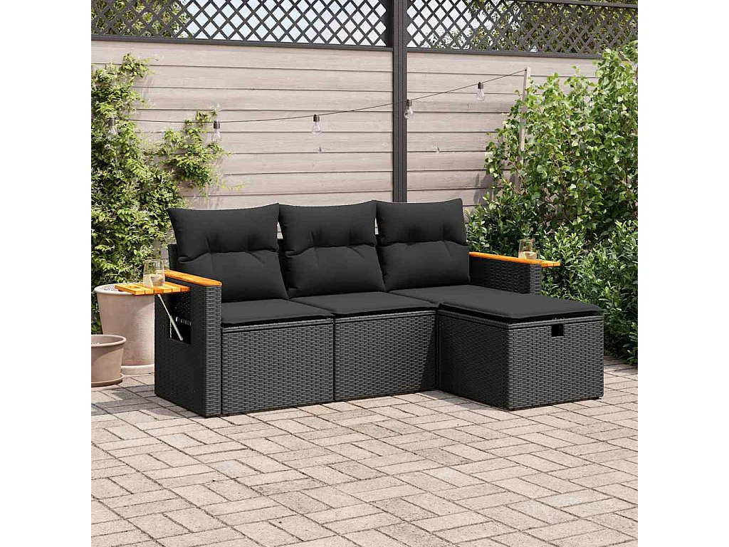 4-tlg. Garten-Sofagarnitur mit Kissen Schwarz Poly Rattan