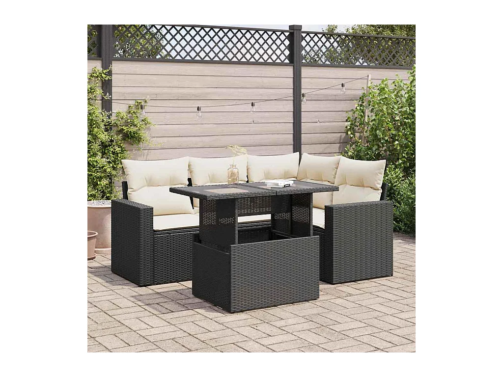 5 pcs conjunto sofás de jardim com almofadões vime PE preto