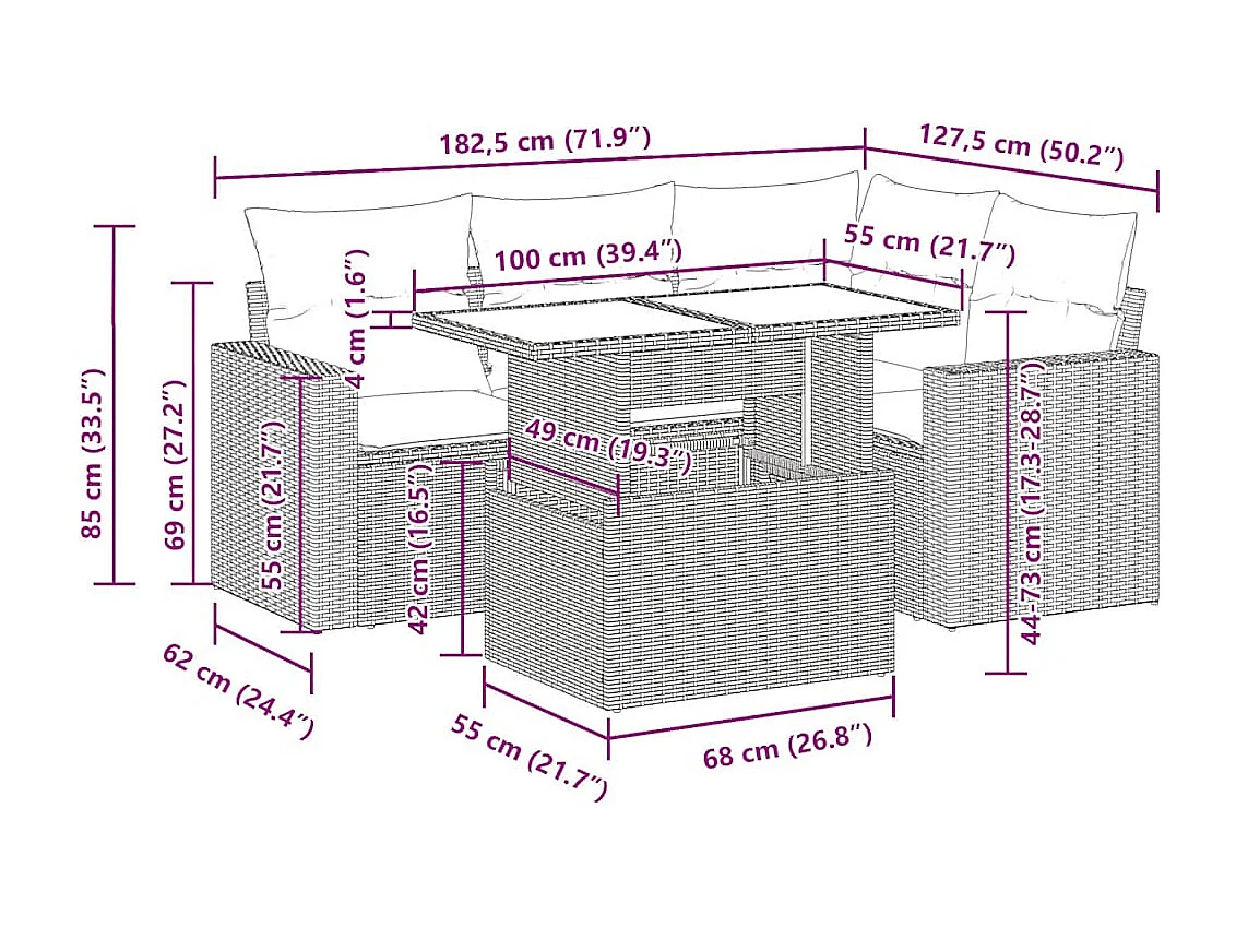 Salon de jardin 5 pcs avec coussins noir résine tressée